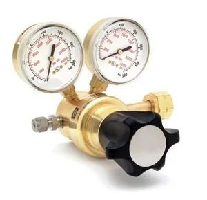 Pressure regulator with dual gauges.
