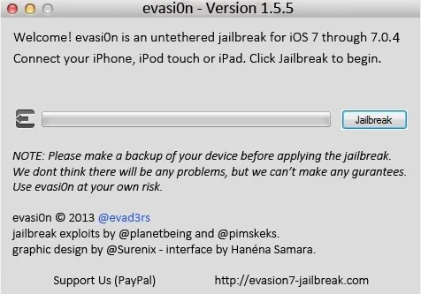 evasi0n jailbreak tool interface for iOS devices with version information.