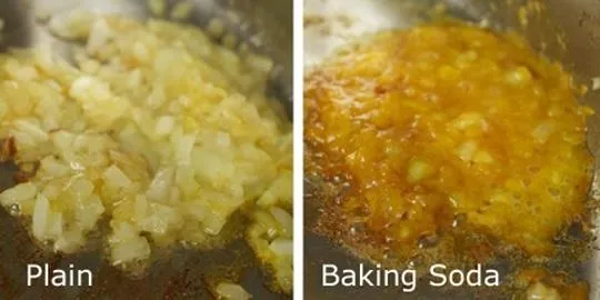 Comparison of plain sautéed onions and onions cooked with baking soda.