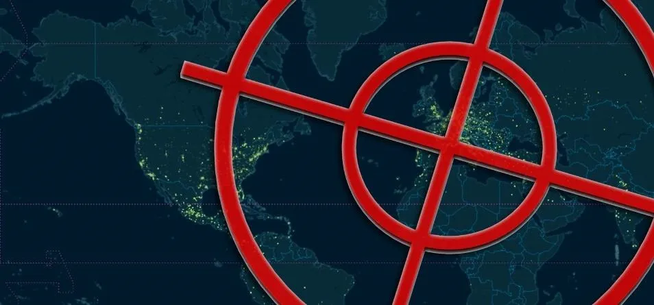 World map with a red target overlay.