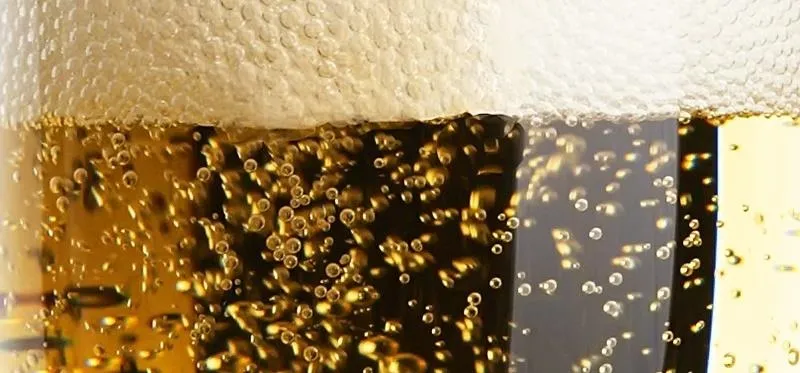 Close-up of a glass of beer with bubbles and foam.