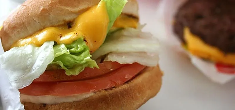 Cheeseburger with lettuce, tomato, and onion.