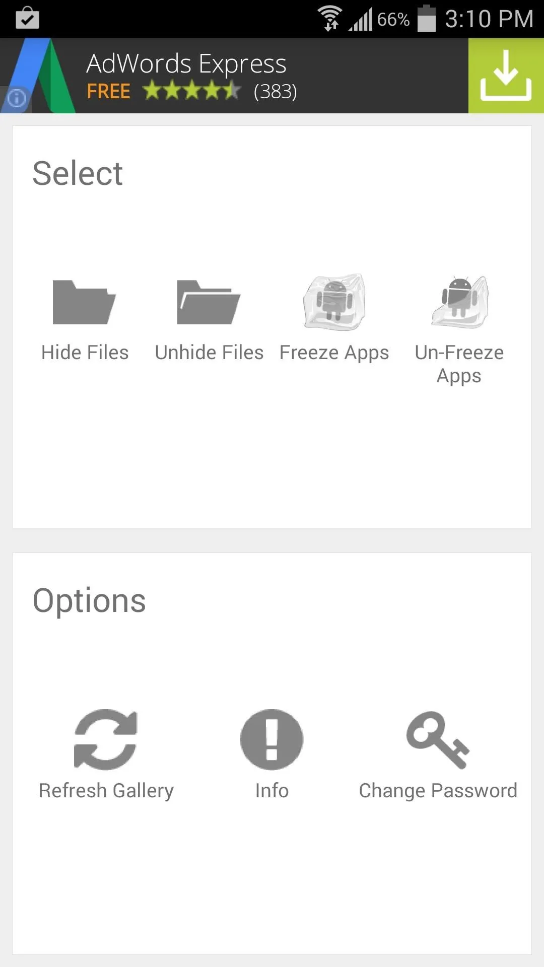 Mobile app interface showing options for file selection and settings.