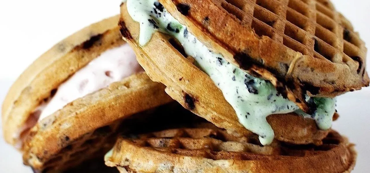 Waffles filled with mint ice cream and chocolate chips.