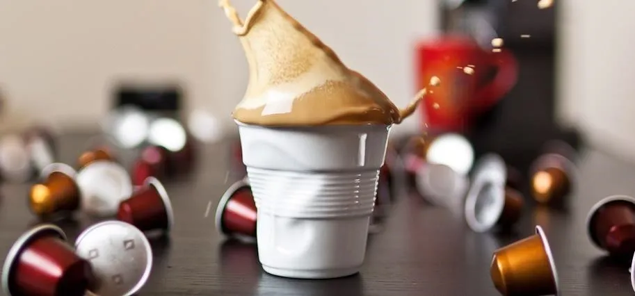 Coffee cup with splashed espresso and coffee capsules on a table.