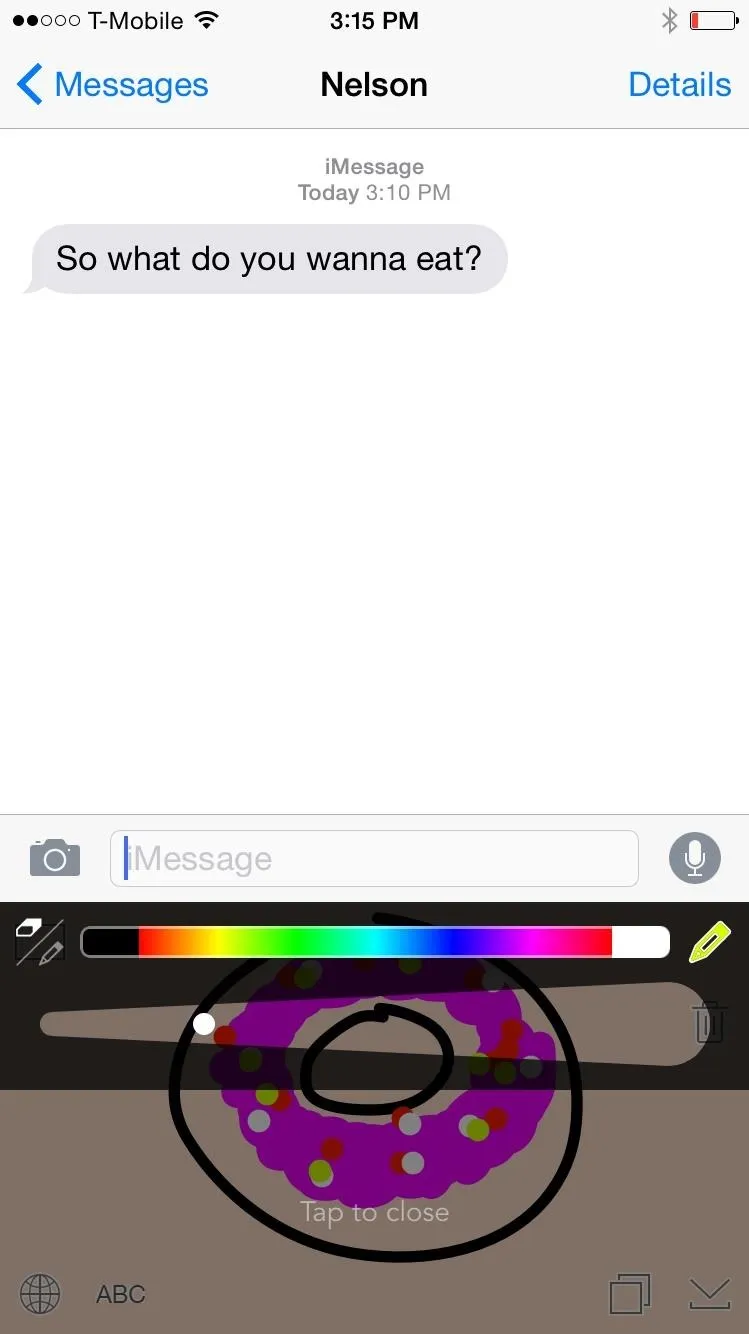 Text message asking about food preferences with a donut emoji.