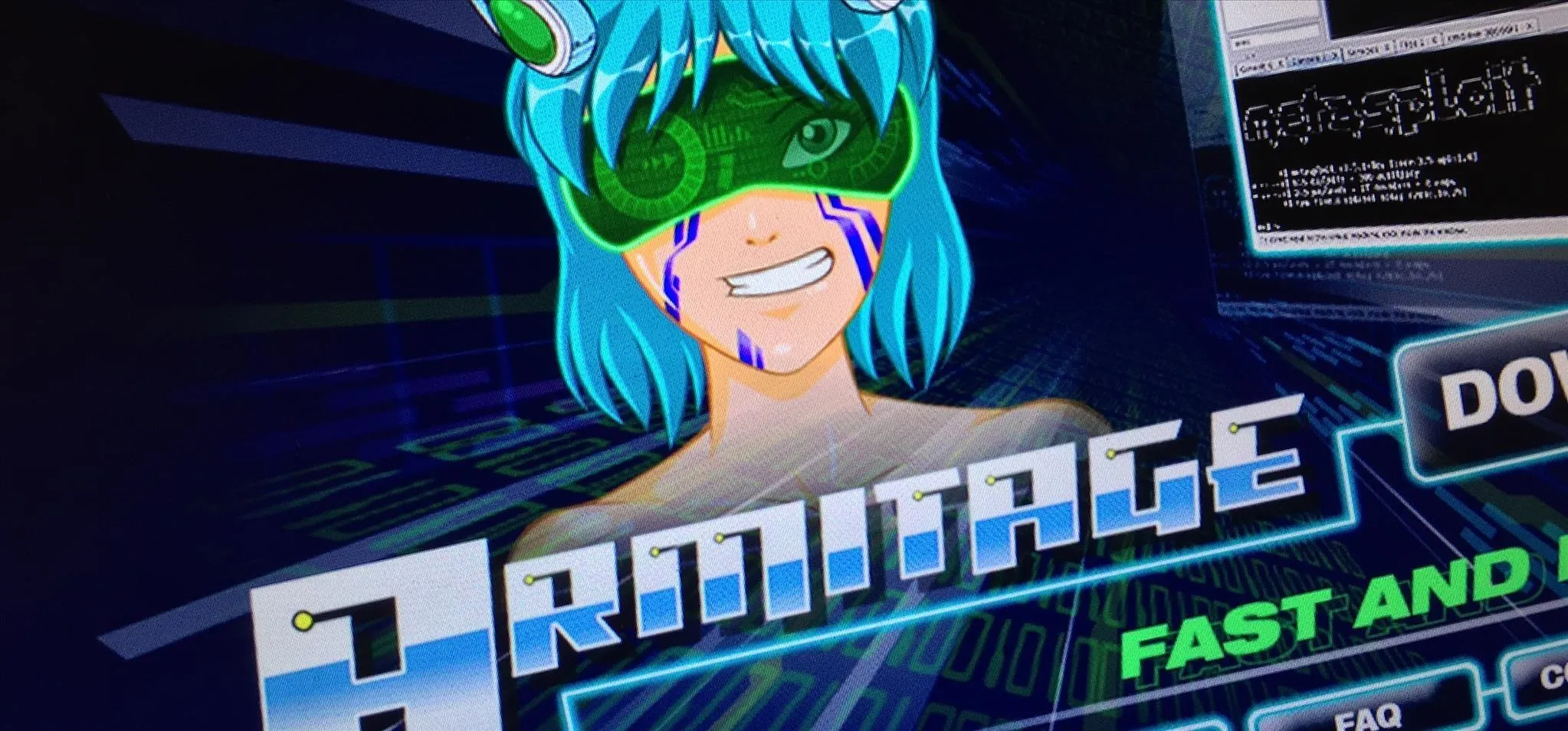 Character with blue hair wearing futuristic goggles, featuring the text "Armitage" and a vibrant digital background.