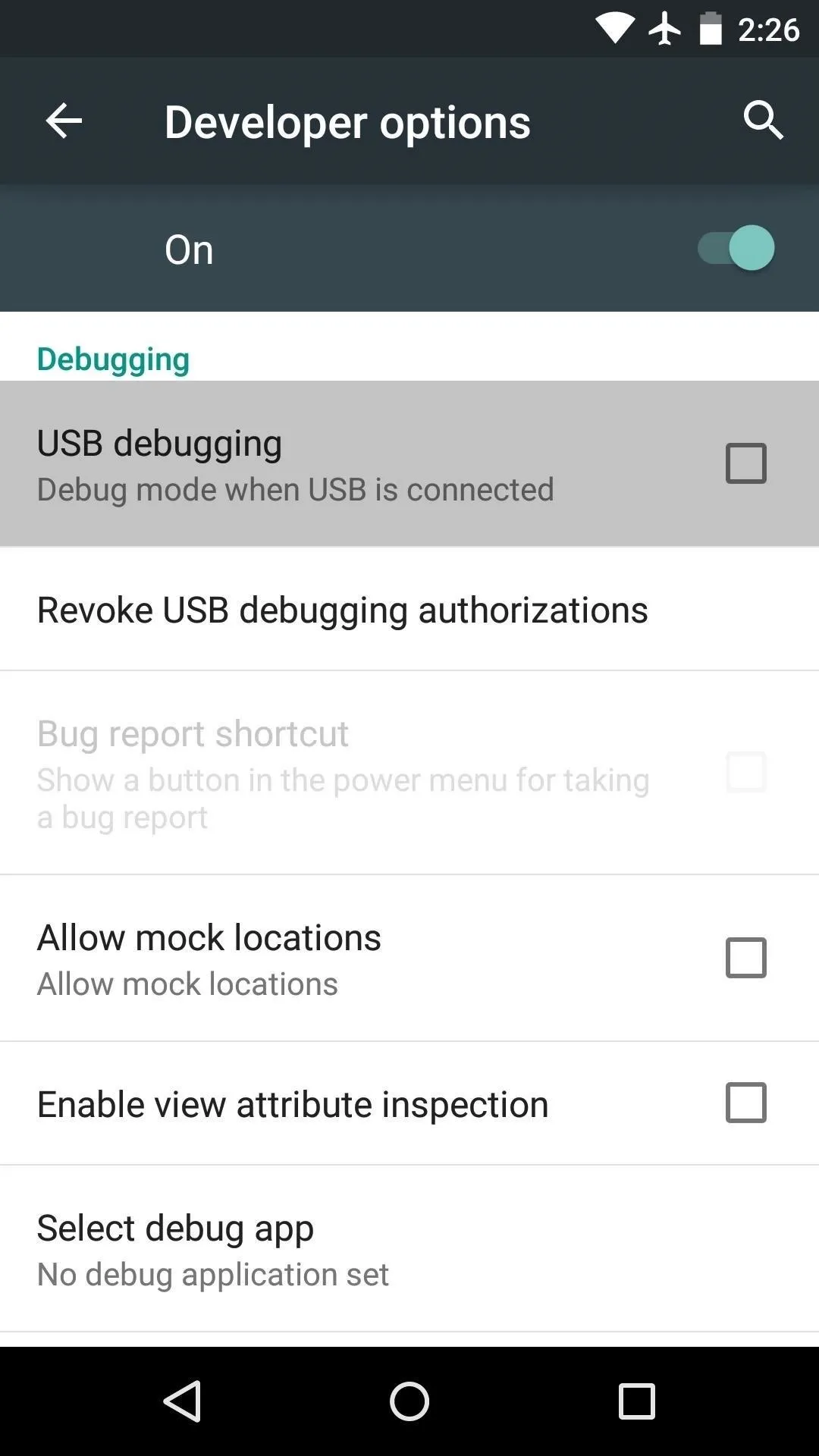 Developer options menu on an Android device, highlighting USB debugging settings.