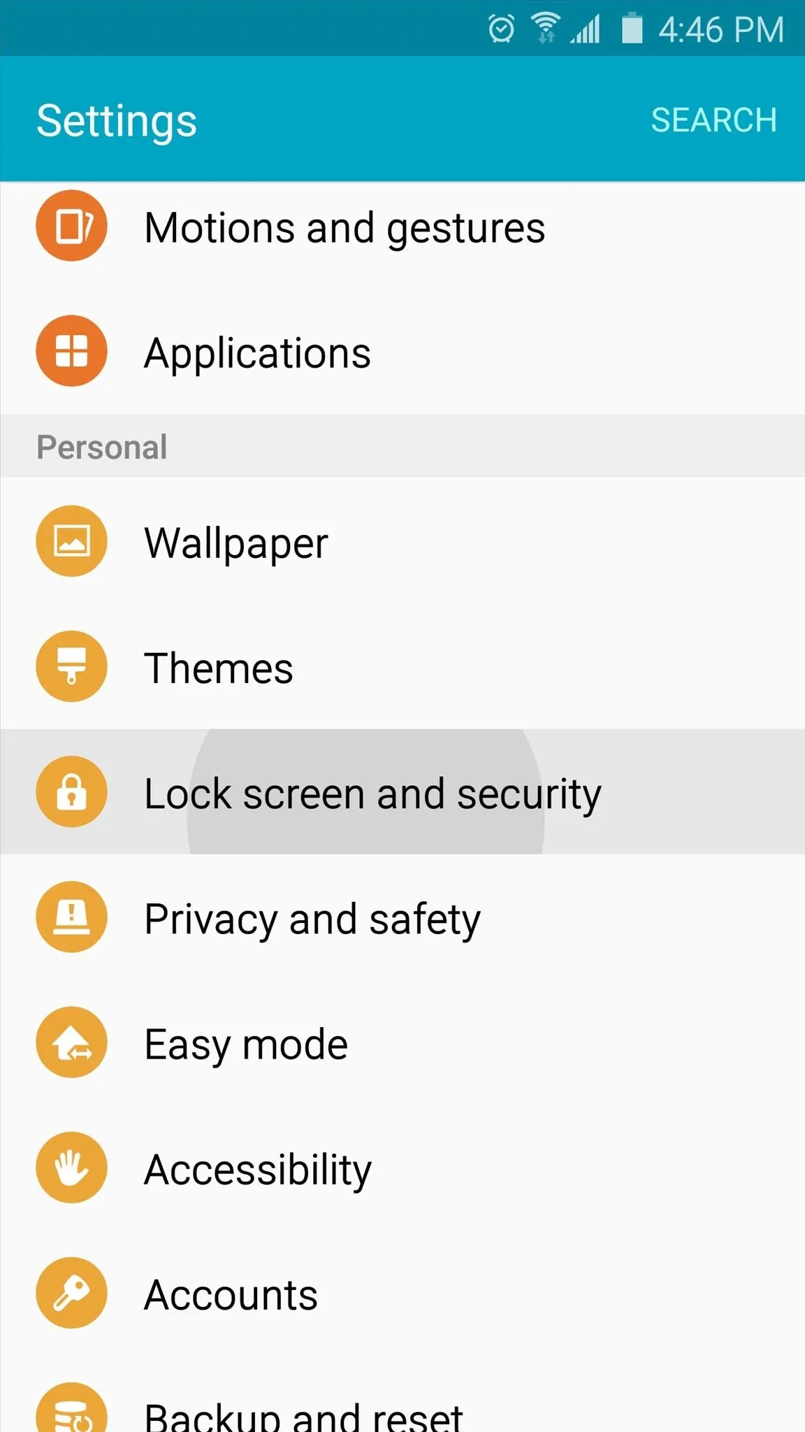 Settings menu on a mobile device displaying options for personalization and security.