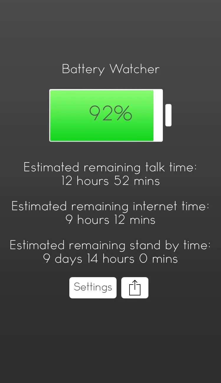 Battery Watcher status screen showing 92% charge remaining and estimated usage times.