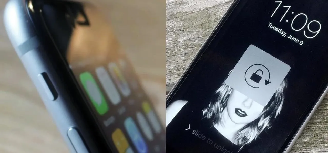 Close-up of a smartphone showing its side buttons and locked screen with a facial recognition prompt.