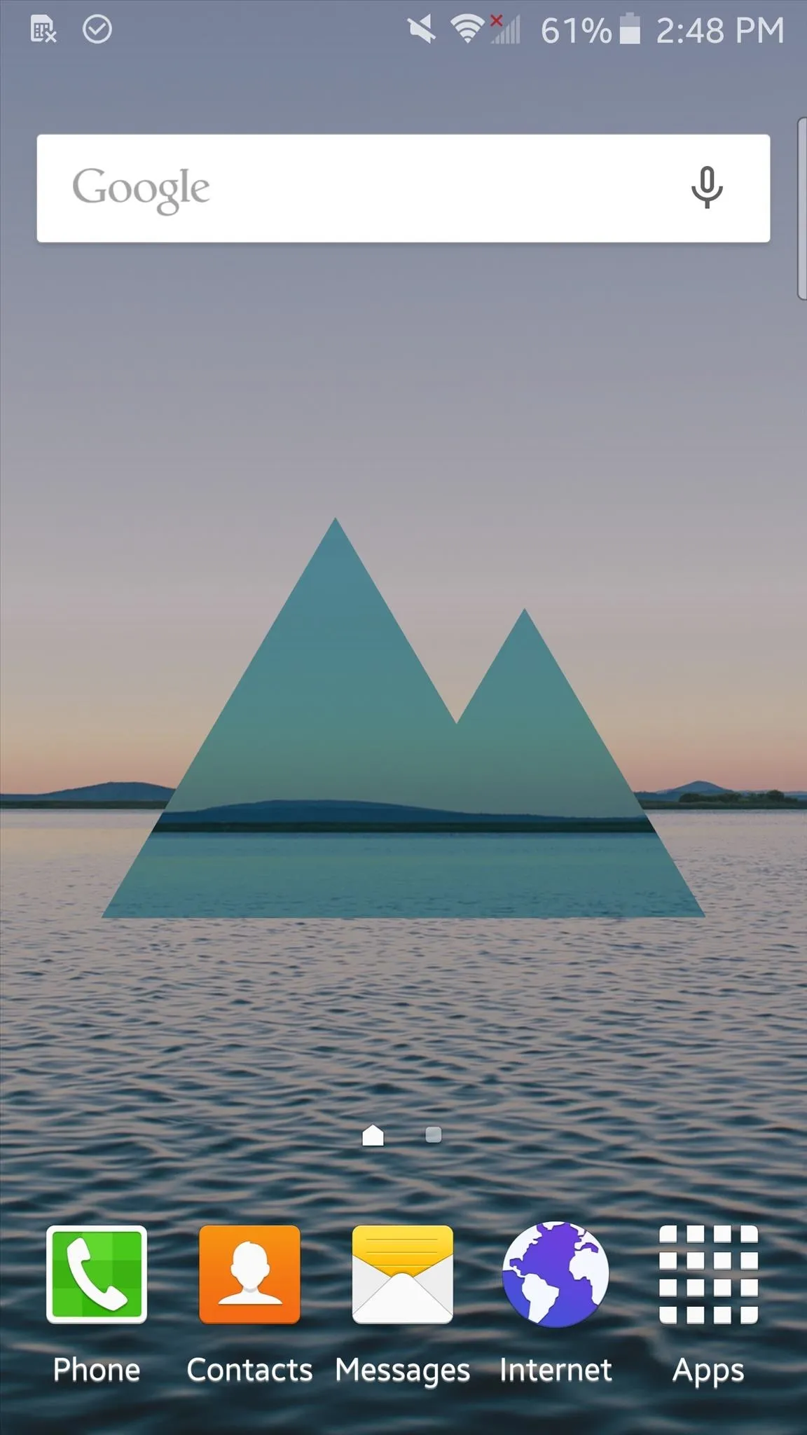 Abstract geometric design of mountains over a calm water background.