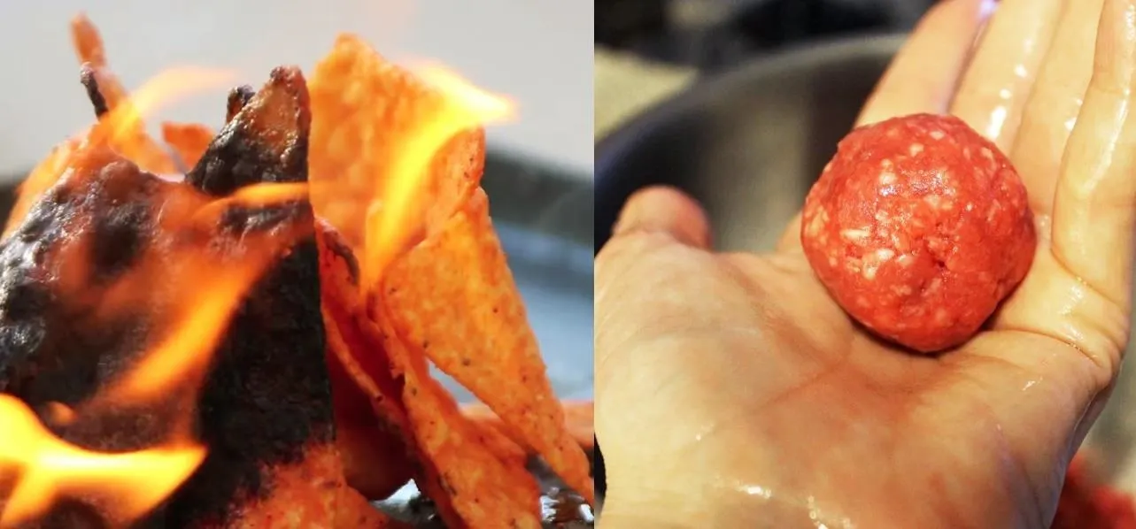 Flaming nachos and a hand holding a meatball.