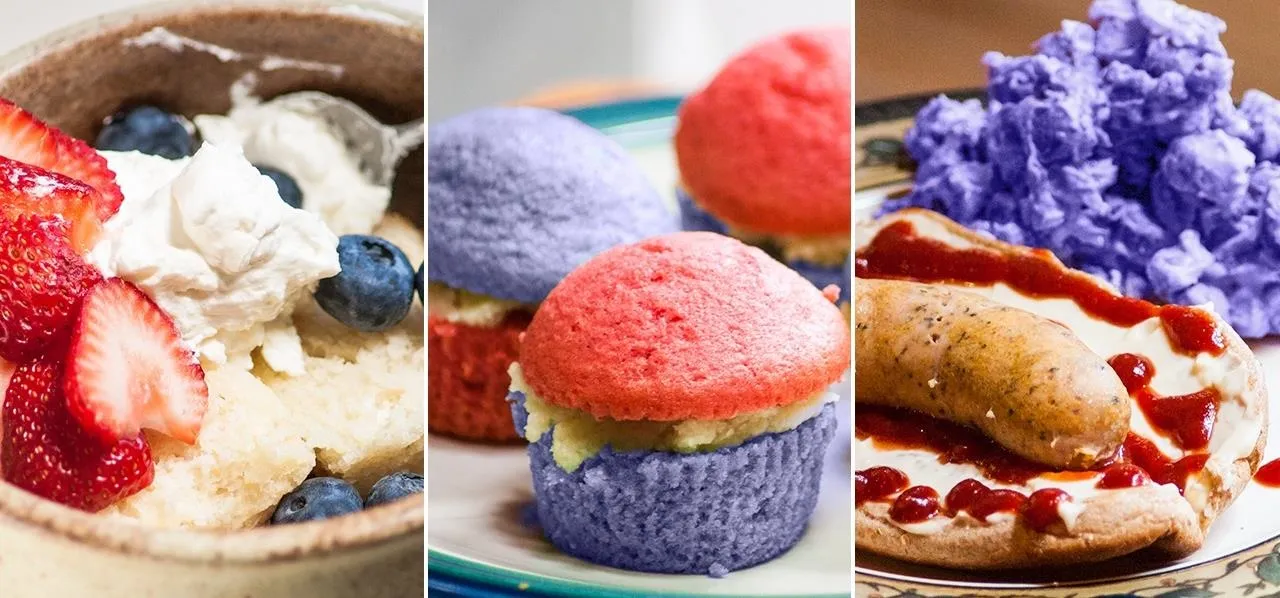 Colorful desserts including fruit-topped mousse, colorful cupcakes, and fluffy cotton candy.