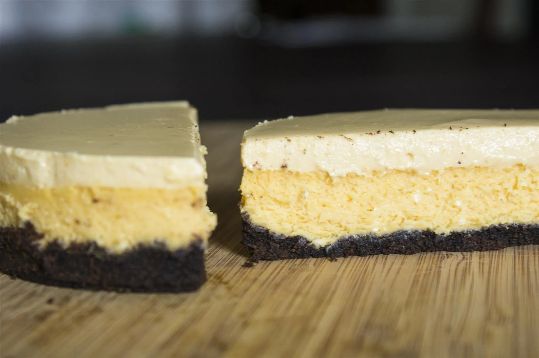 Creamy cheesecake slice with an Oreo crust.