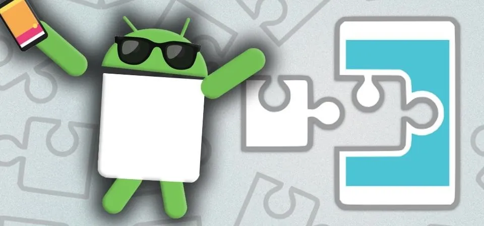 Android mascot with sunglasses next to a puzzle piece and a smartphone outline.