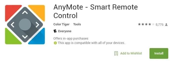 AnyMote - Smart Remote Control app listing with installation option.