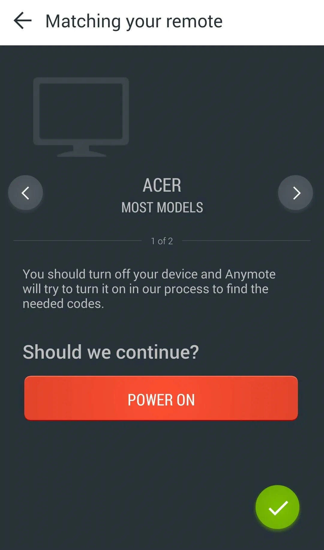 A screen displaying a remote matching interface for an Acer TV.