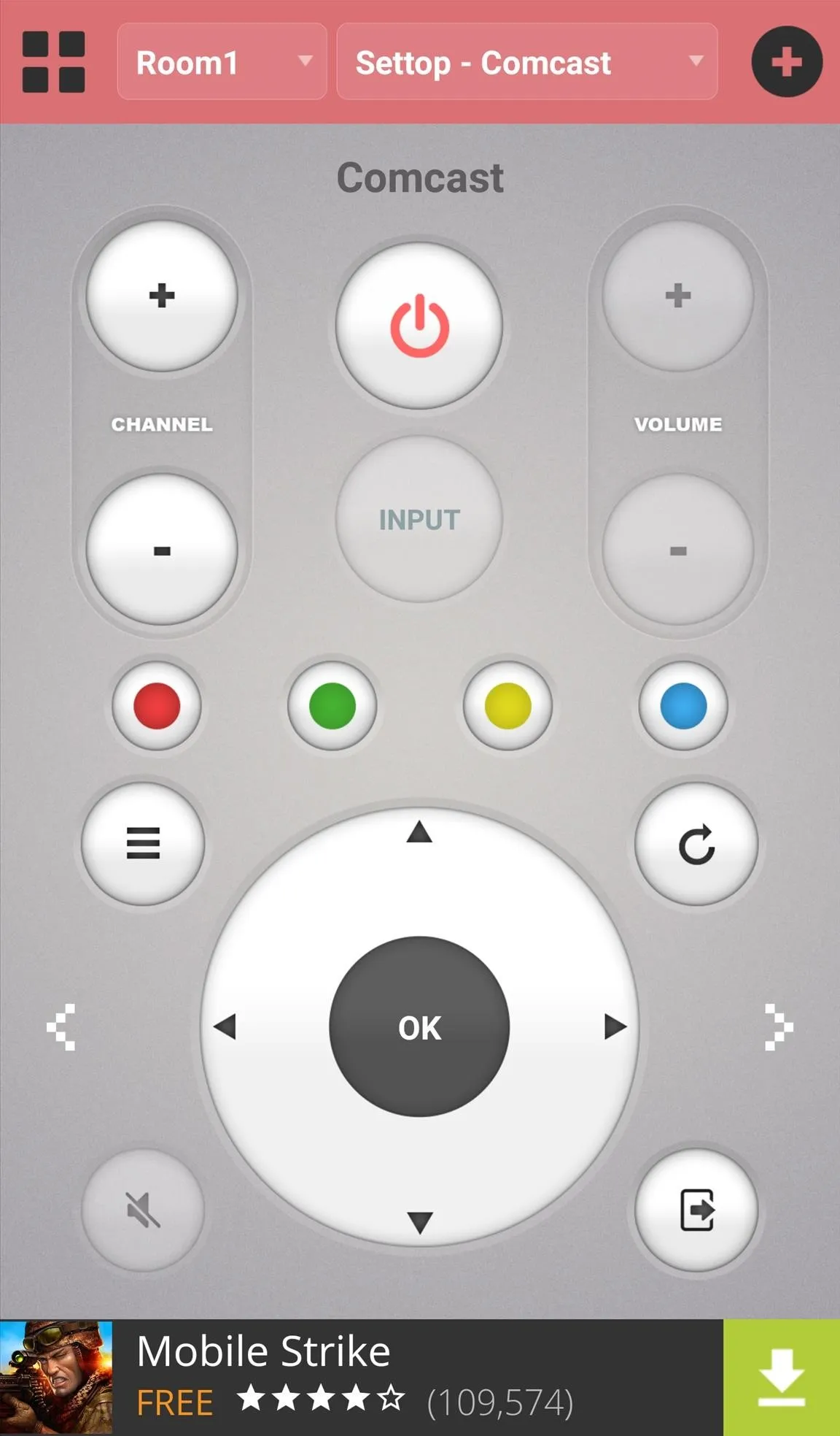 Remote control interface with circular navigation and various buttons.