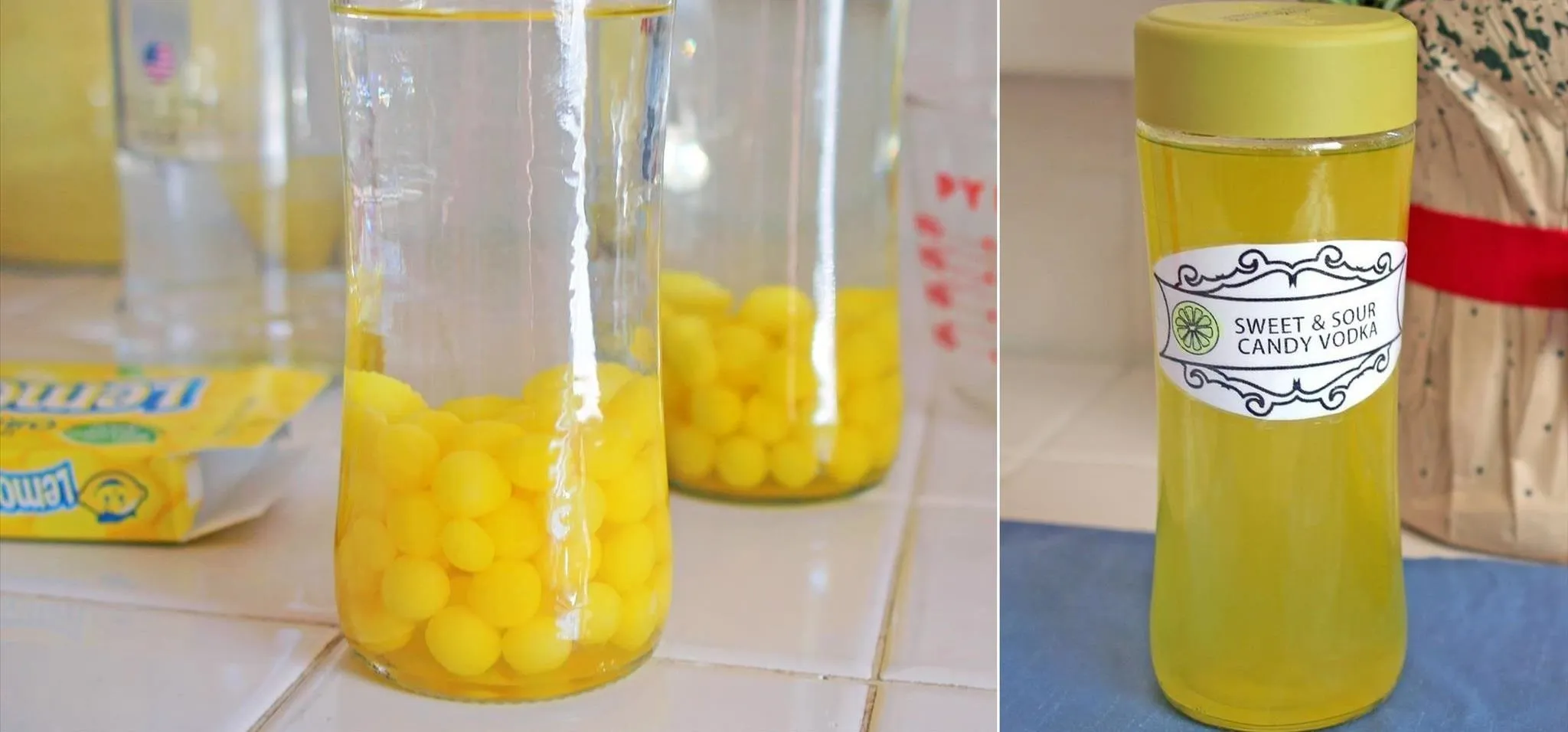 Yellow candy in glass jars and a labeled jar of syrup.