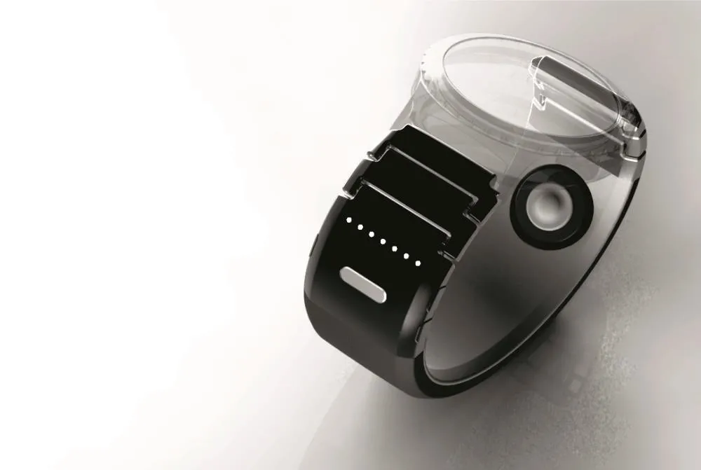 Modern black wristwatch on a minimalist background.
