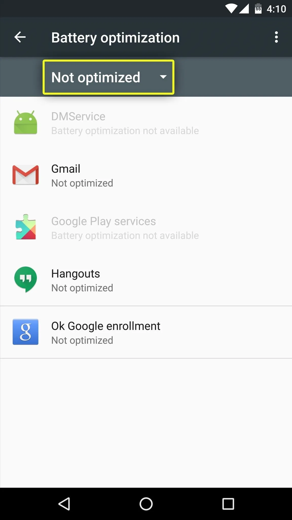 Battery optimization settings on an Android device.