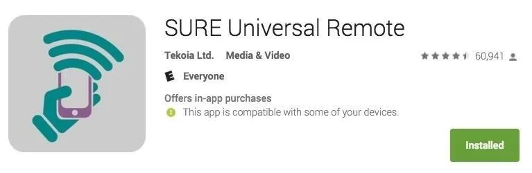 SURE Universal Remote app for controlling devices, available on Google Play.