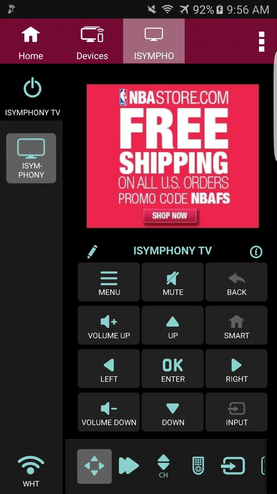 Remote control interface for a TV application featuring an advertisement for free shipping.