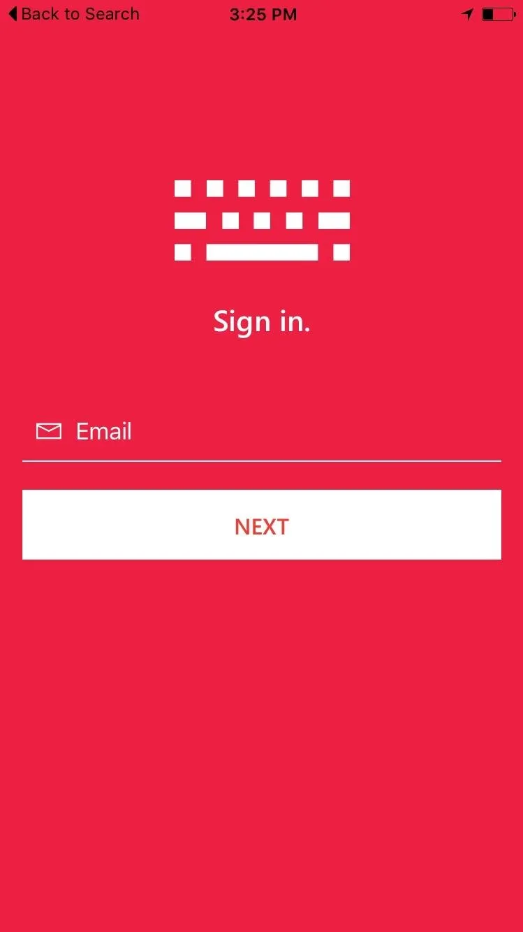 Sign-in screen for an application with keyboard icon and email input field.