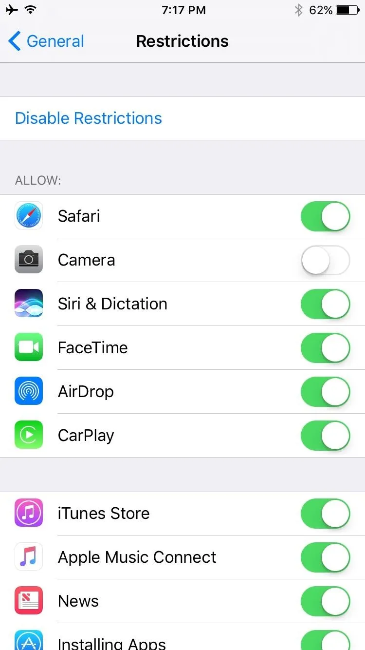 Settings menu for enabling and disabling app restrictions on an iPhone.