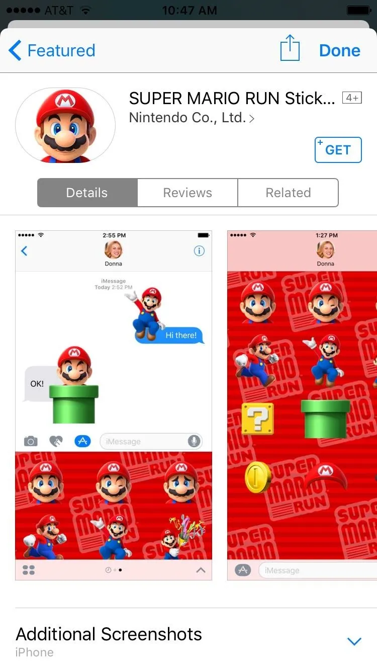 Mario character stickers displayed in a messaging app interface.