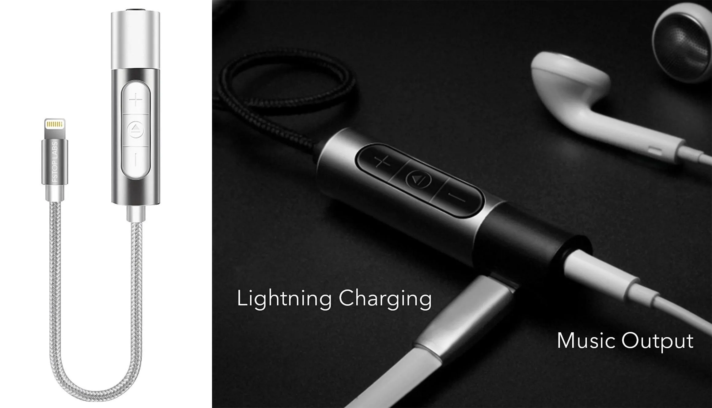 Lightning charging and music output adapter for headphones.