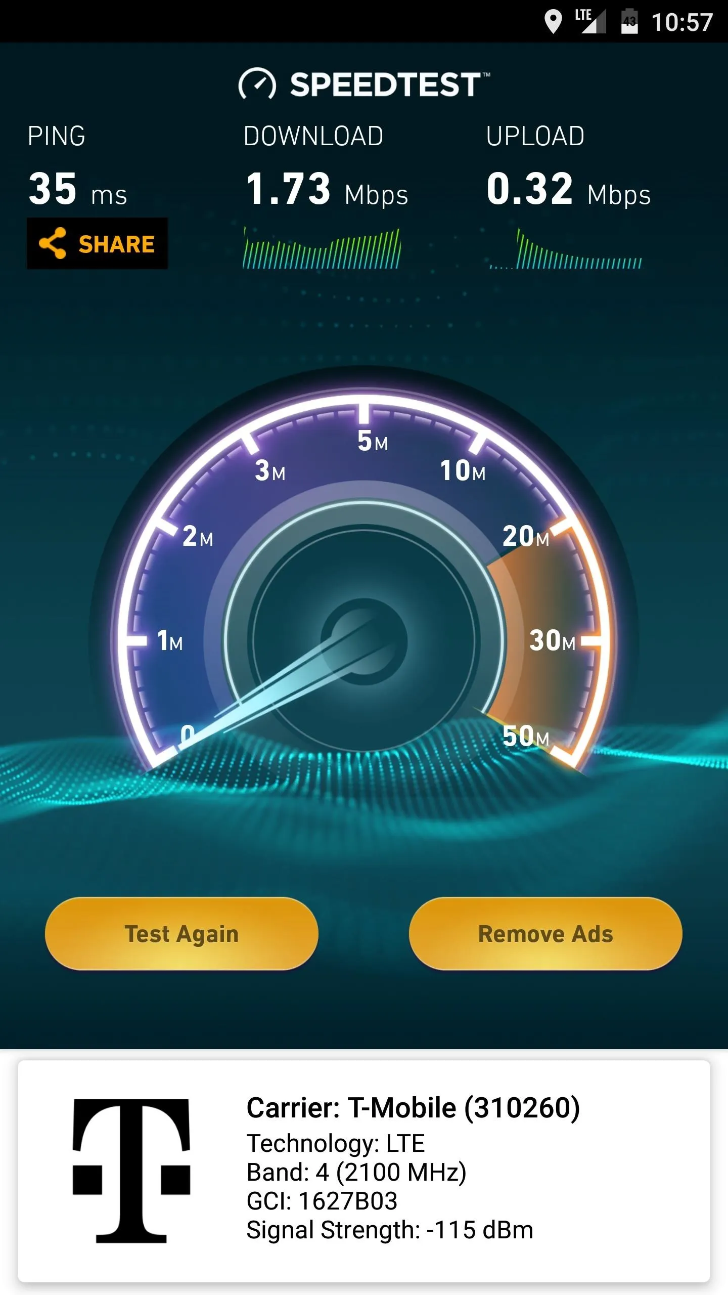 Internet speed test results showing a download speed of 1.73 Mbps and an upload speed of 0.32 Mbps.