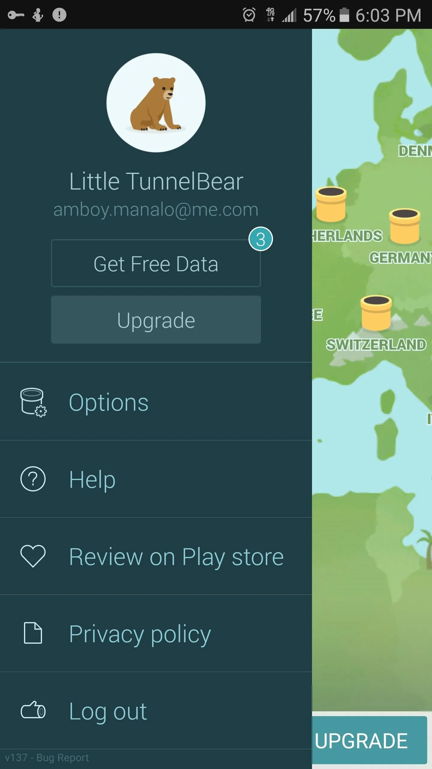 Mobile app interface with a map view and various options for navigation and settings.