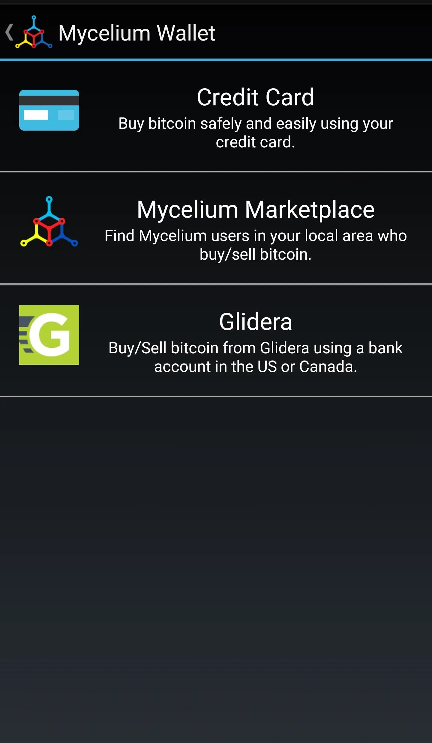 Mycelium Wallet app interface showing options for credit cards, marketplace, and Bitcoin purchases.