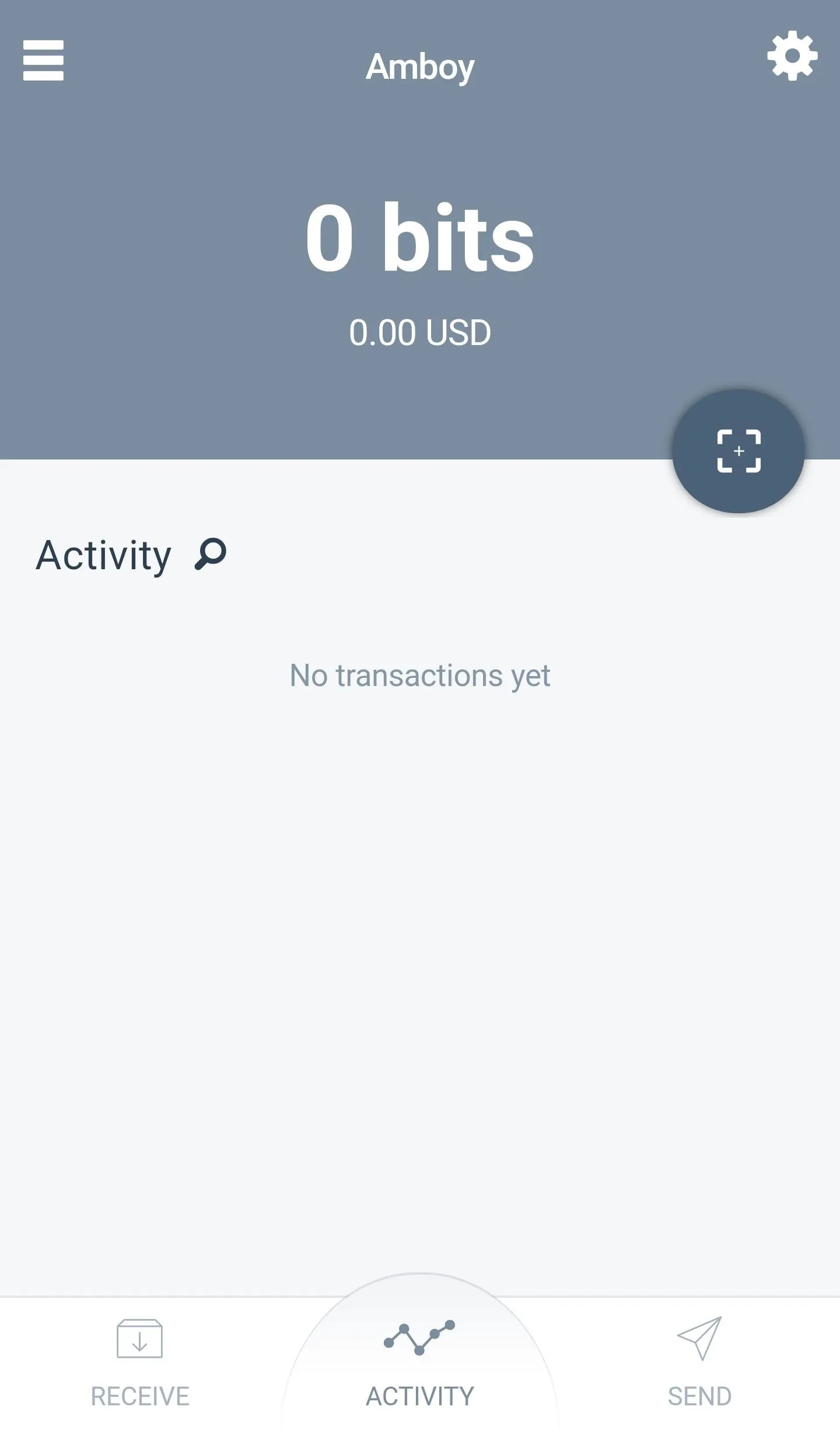 Activity log showing 0 bits and 0 USD balance.