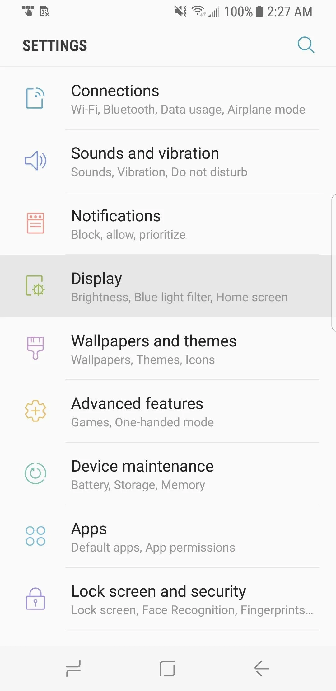 Settings menu on a mobile device.