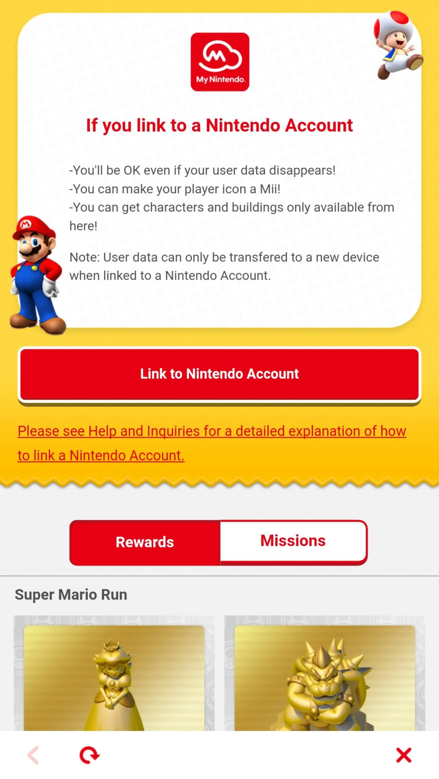 Nintendo account login interface with Super Mario character.