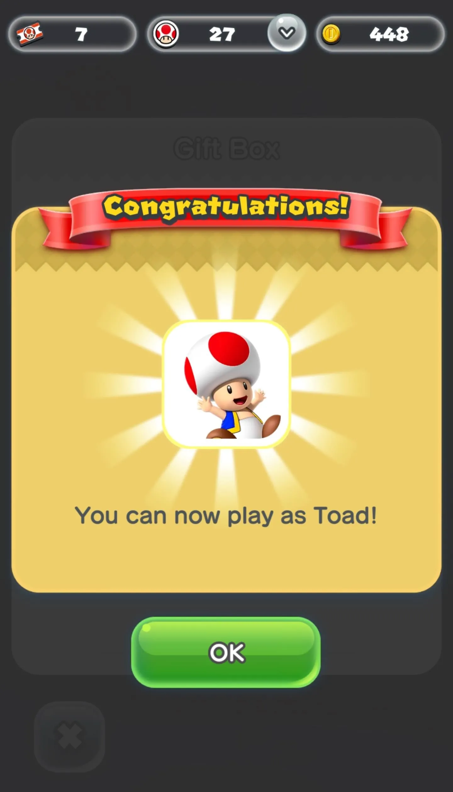 Toad character unlock notification in a game.