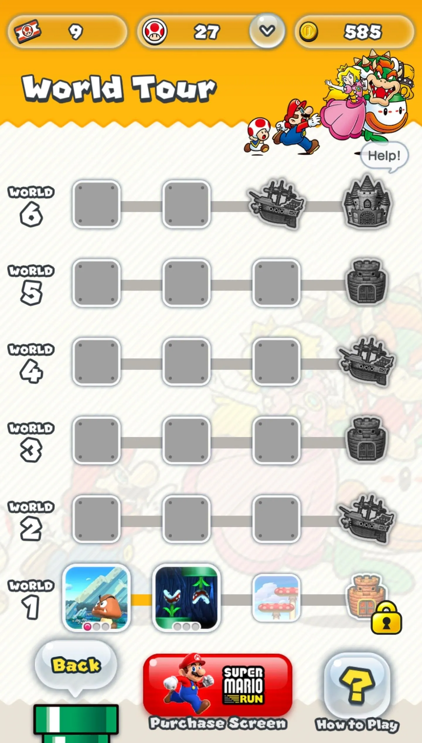 Game level selection screen with icons and play options.