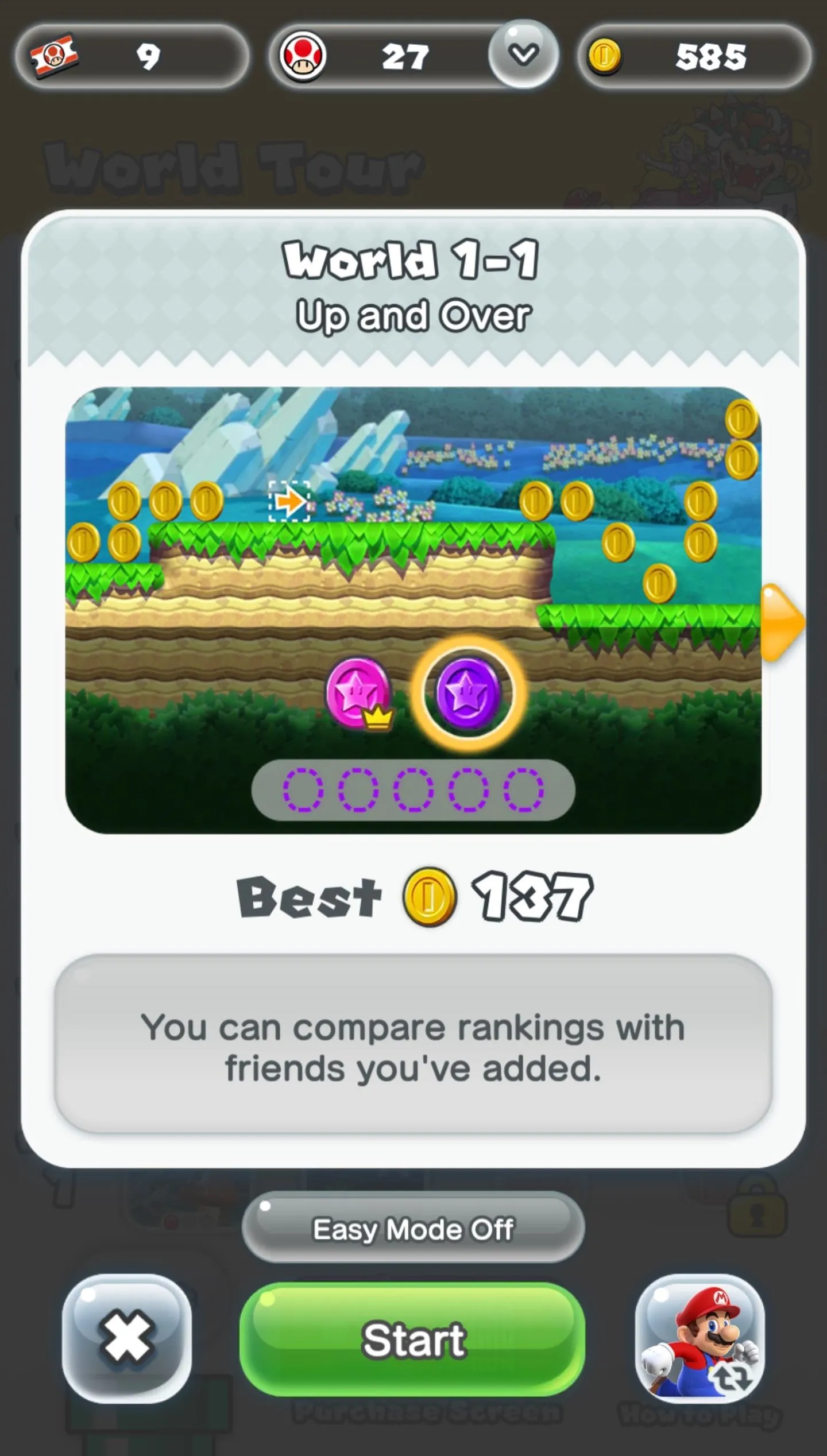 "Game interface showing level information and coins collected in a Mario-themed mobile game."