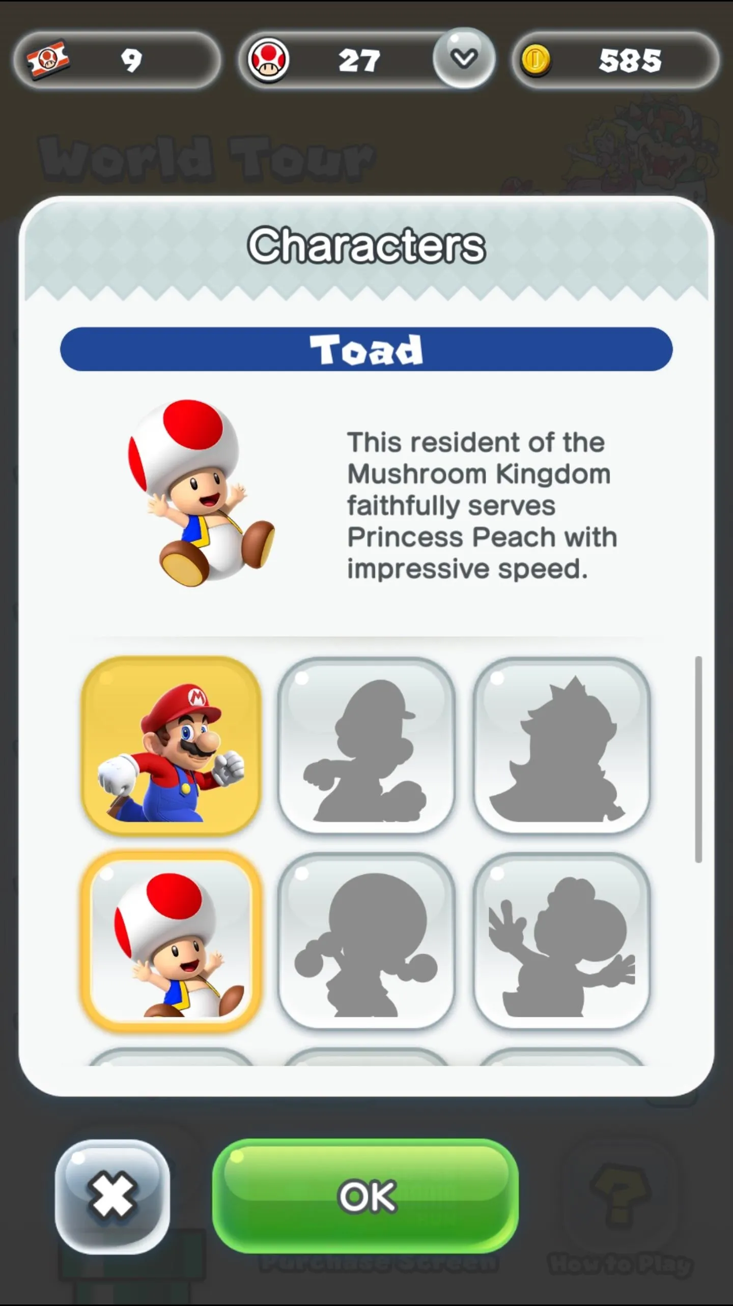 Toad character profile from a Super Mario game.