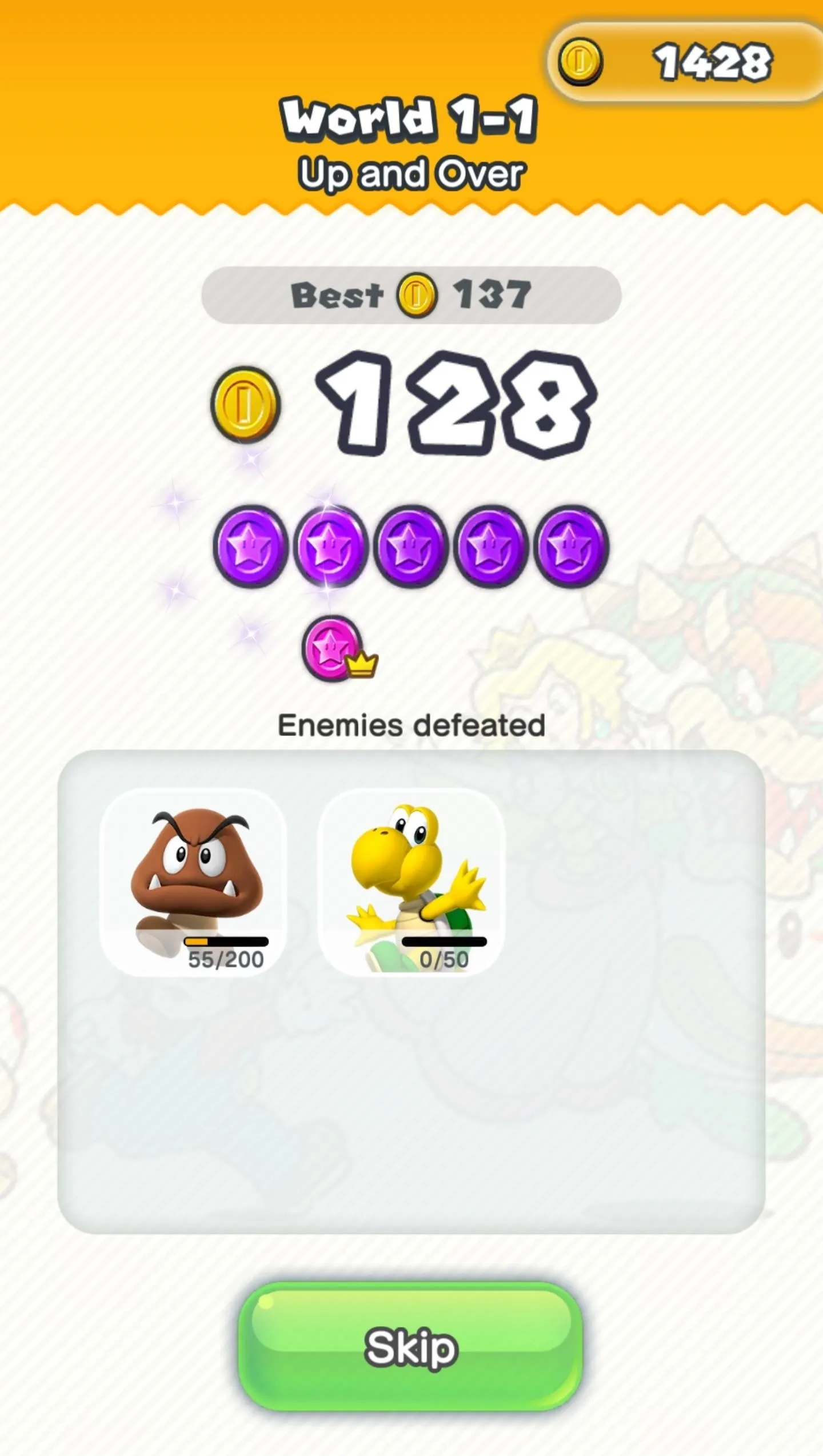 Game screen with collected coins and character selection options.