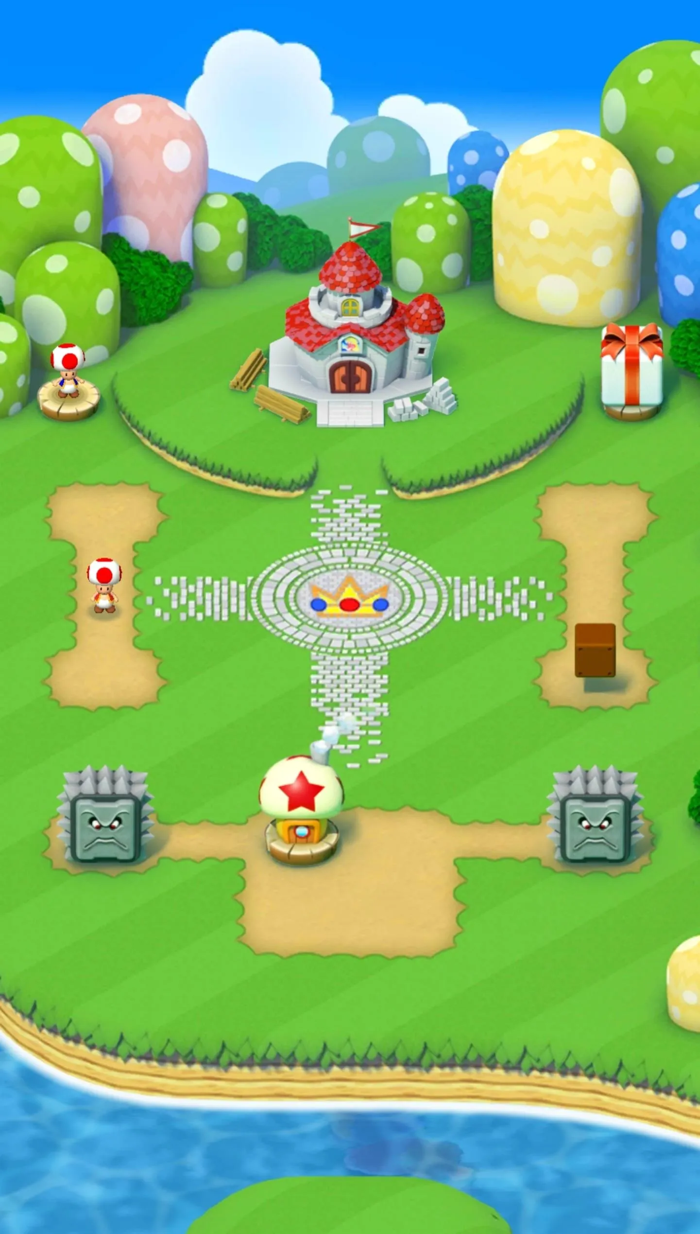 Colorful animated landscape featuring a castle, various hills, and a decorative garden area.
