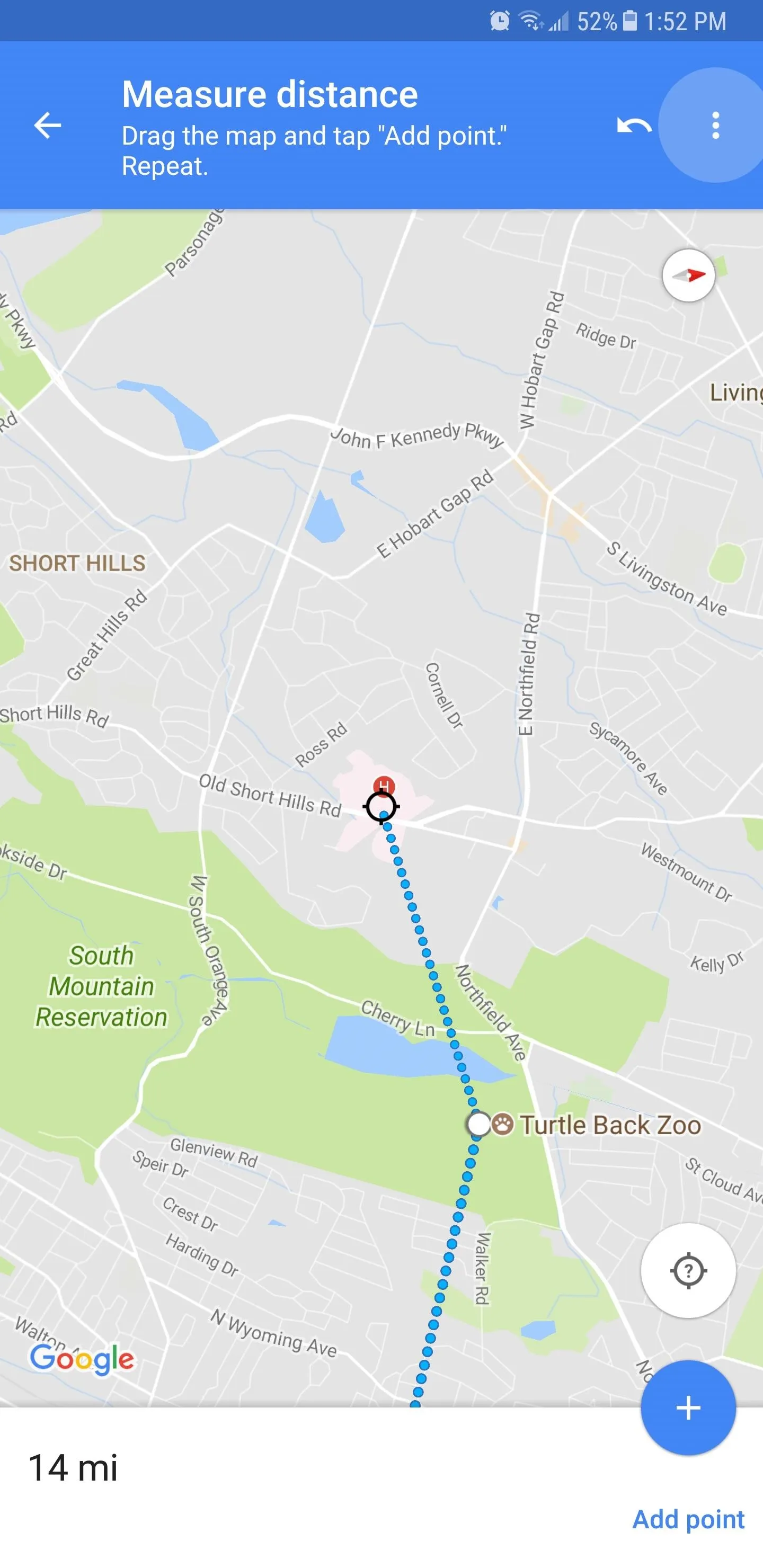 Map showing a navigation route with a distance of 1.4 miles to the destination.