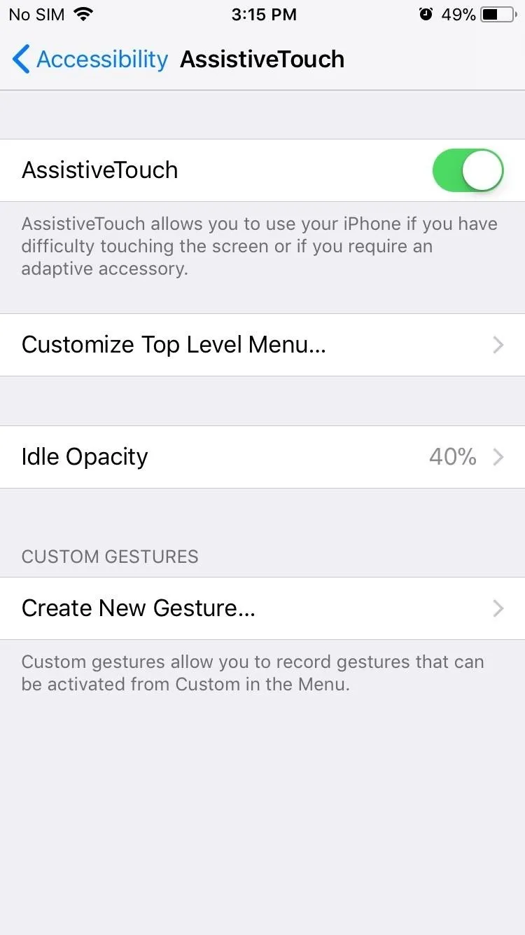 Accessibility settings on an iPhone showing AssistiveTouch options.
