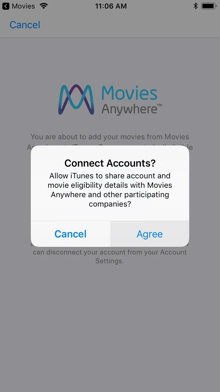 "Mobile app screen for account linking with options to cancel or agree."