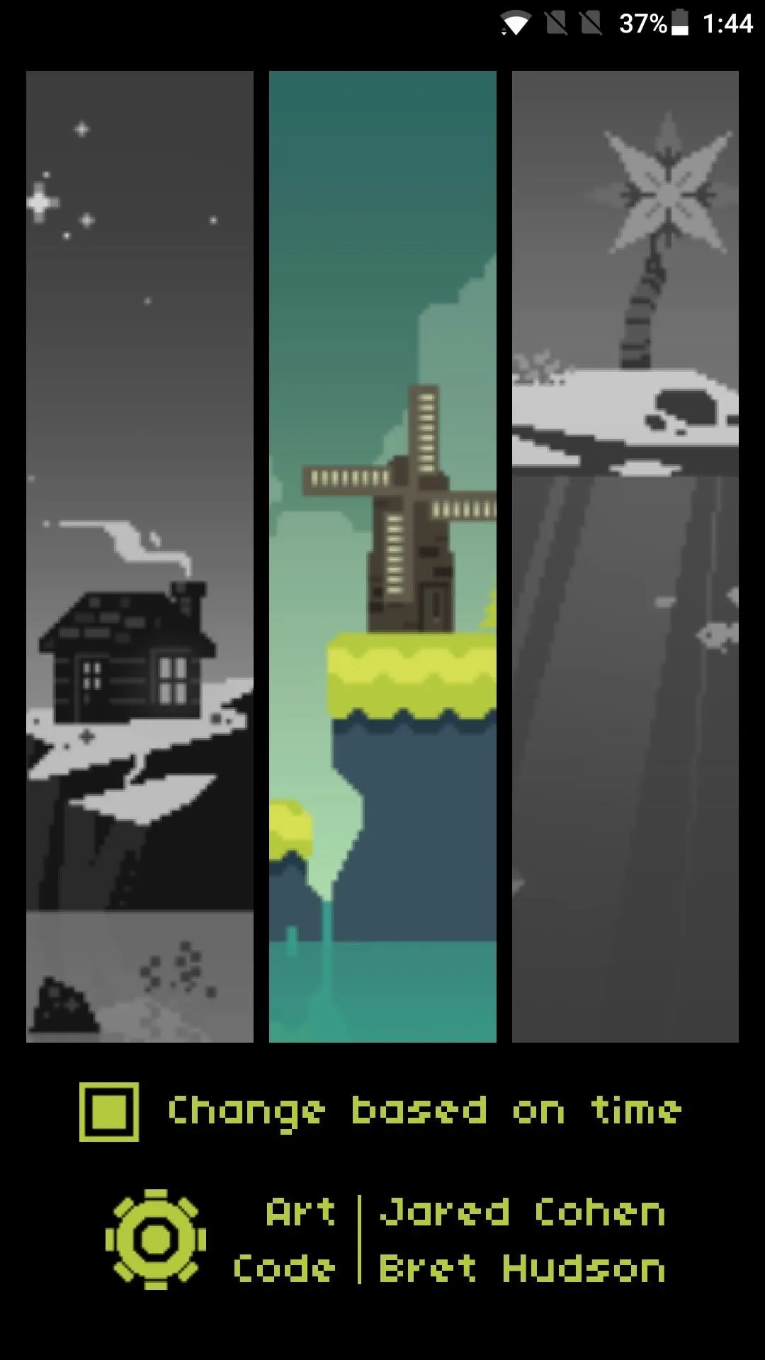 Game interface showcasing changing landscapes with a house, windmill, and floating island, featuring artwork by Jared Cohen and Brett Hudson.