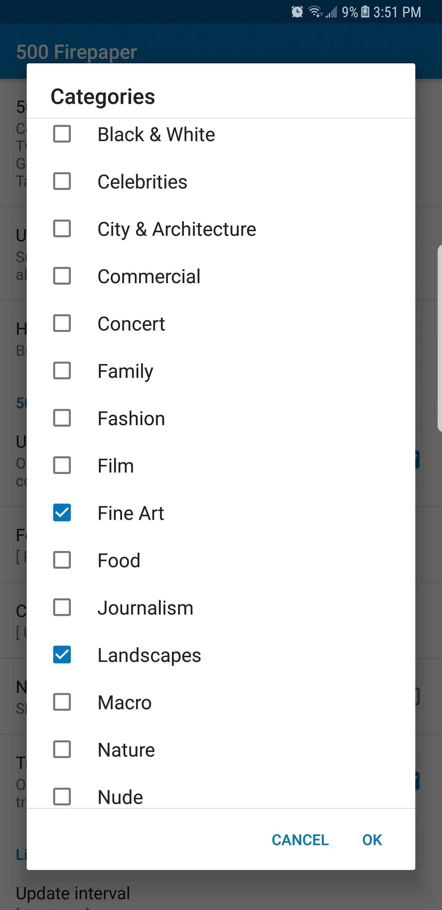 List of categories for content selection.